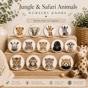 May include: A collection of round wooden knobs featuring illustrations of jungle and safari animals including a lion, elephant, giraffe, zebra, rhino, hippo, cheetah, gorilla, meerkat, tiger, monkey, leopard, and red panda, with 35mm and 48mm sizes.
