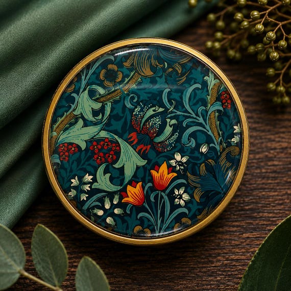William Morris Knob: Gold Wooden Dresser Pull - Colourful Abstract Design. Price is per Knob
