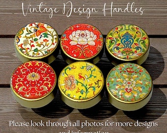 Vintage Abstract Wooden Knobs: Colorful Gold Accent Dresser Pulls