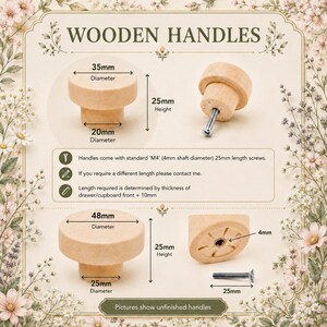 Pu&ograve; includere: Maniglie in legno grezzo in due dimensioni. La maniglia piccola ha un diametro di 35 mm e un'altezza di 25 mm. La maniglia grande ha un diametro di 48 mm e un'altezza di 25 mm. Include viti M4 da 25 mm. La lunghezza dipende dallo spessore del cassetto pi&ugrave; 10 mm.