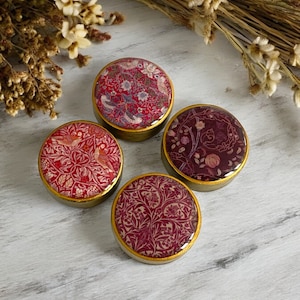 William Morris Dresser Knob: Red Floral, Gold Painted Wood, 35mm. Price is per knob