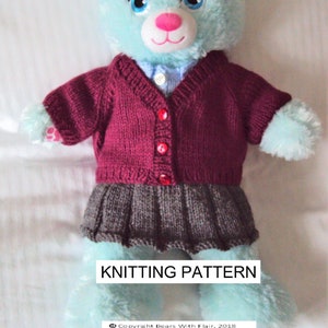 May include: Knitting pattern for a burgundy cardigan and gray skirt for a teddy bear. The pattern includes instructions for knitting the cardigan and skirt, as well as the necessary materials. Copyright Bears With Flair, 2018.