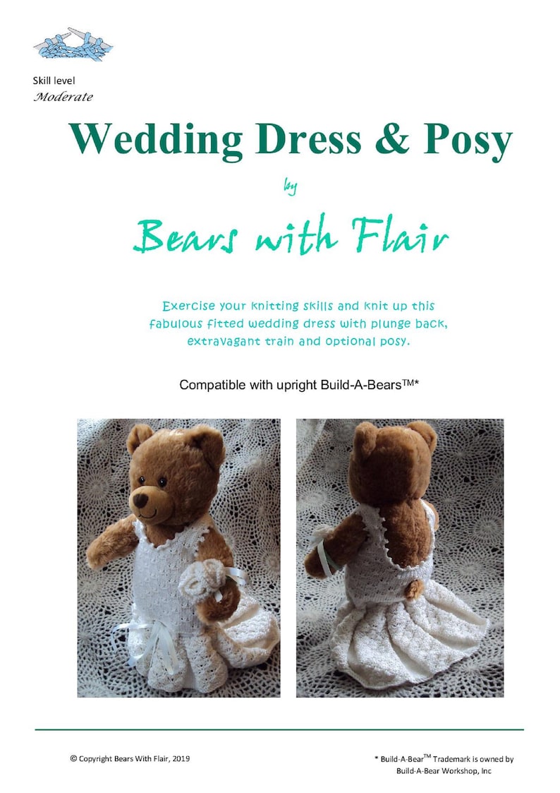 KNITTING PATTERN Instant download PDF bear wedding dress and posy fits compatible with Build a Bear teddies teddy clothes clothing image 2
