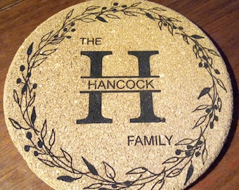 Custom laser engraved cork hot plate, trivet, tea pot cozy, monogram family name approximate 7" diameter