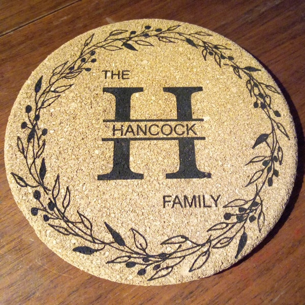 Custom laser engraved cork hot plate, trivet, tea pot cozy, monogram family name approximate 7" diameter