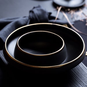 Big Ramen or Pasta Bowl With Gold Rim | Matte Black Dinnerware | Handmade Pottery | collection ECLIPSE GOLD