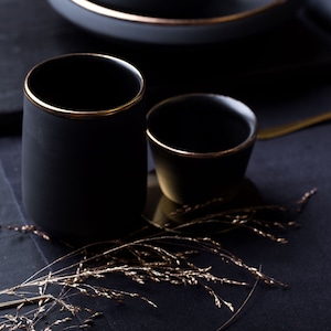 Tumbler Mug with gold rim | matte black dinnerware | Handmade pottery | collection ECLIPSE GOLD