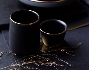 Tumbler Mug with gold rim | matte black dinnerware | Handmade pottery | collection ECLIPSE GOLD
