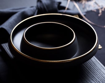 Big Ramen or Pasta Bowl With Gold Rim | Matte Black Dinnerware | Handmade Pottery | collection ECLIPSE GOLD