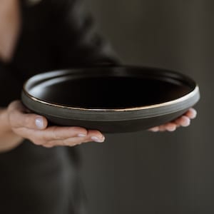 Big Ramen or Pasta Bowl With Gold Rim | Matte Black Dinnerware | Handmade Pottery | collection ECLIPSE GOLD