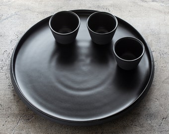 Assiette/ensemble de plateaux à collation avec 3 bols à trempette | Céramique noire mate | Poterie faite main | collection ECLIPSE
