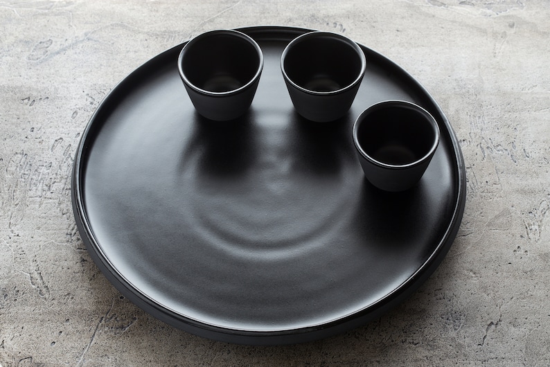 Snack Plate/platter Set With 3 Dip Bowls Matte Black Ceramic Etsy
