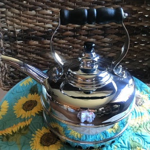May include: A shiny silver kettle with a black wooden handle and a black knob on the lid. The kettle is sitting on a blue and yellow sunflower patterned placemat.