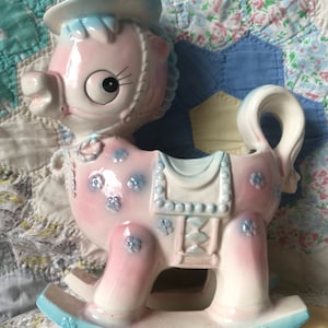 Inarco Pastel Blue and Pink ceramic rocking horse planter, nursery decor, baby shower centerpiece, Vintage Rocking horse planter,