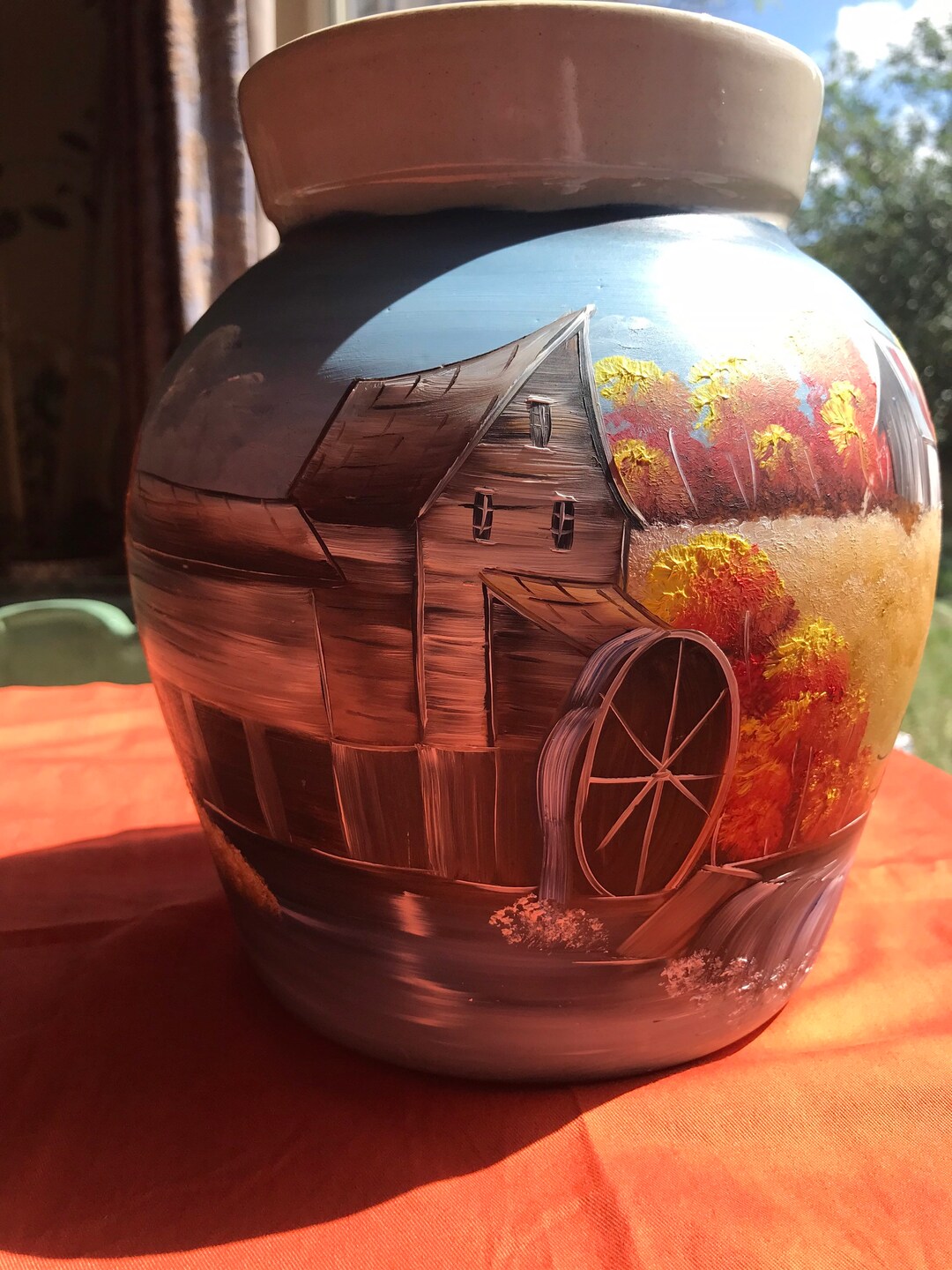 Yesteryears Pottery Texas Hand Turned Crock With Kid Blue Stripes, Hand Painted Signed by Karen