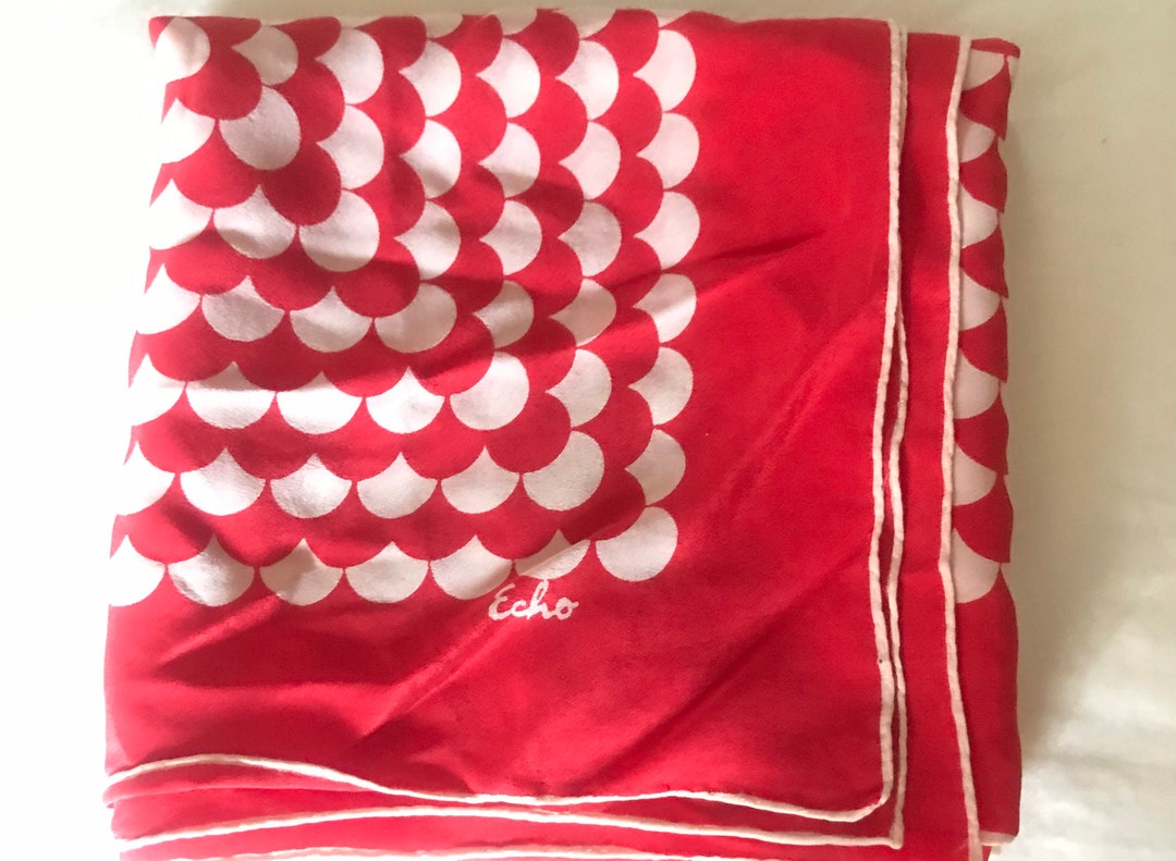 Vintage Echo Scarf Red/ivory Silk Rectangular, Patriotic Scarf, Red and