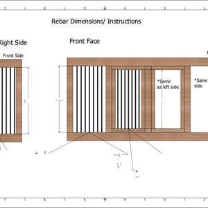 May include: A diagram showing rebar dimensions and instructions for a concrete structure. The diagram shows the front face, left and right sides of the structure. The rebar is shown in black lines and the concrete is shown in brown.