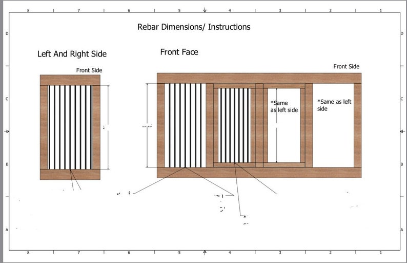 May include: A diagram showing rebar dimensions and instructions for a concrete structure. The diagram shows the front face, left and right sides of the structure. The rebar is shown in black lines and the concrete is shown in brown.