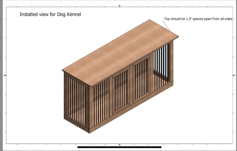 May include: A wooden dog kennel with a slatted front and a solid top. The top is 1.5 inches spaced apart from all sides. The kennel is made of wood and has a natural finish.