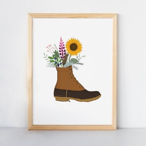 Maine Boot Bouquet Print | Bean Boot Art | Maine Wall Art | Flower Bouquet Print