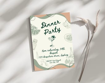 May include: A green and white illustrated invitation for a dinner party. The invitation includes a cocktail glass, a bottle of wine, a plate of food, and a lemon. The text on the invitation reads "Dinner Party", "5pm Saturday, 14th August", "123 Anywhere Drive, Sydney", "RSVP 2nd August", and "123 456 789".