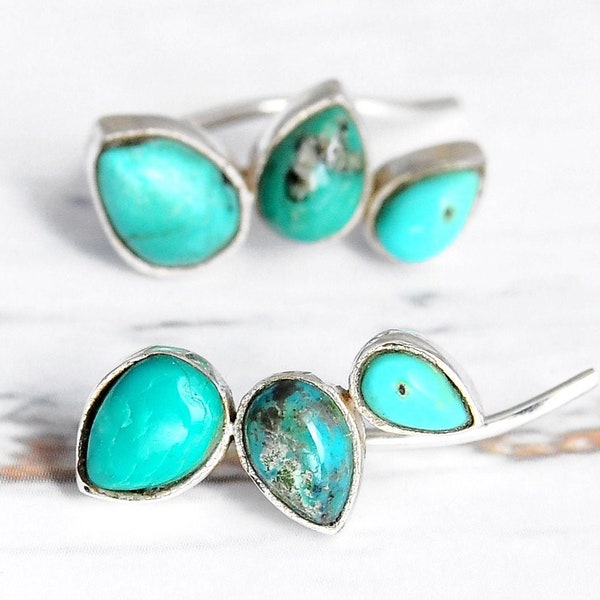 Turquoise Earrings Ear Climber Crawler Sterling Silver Boho Gemstone Teardrop, Pair of Earrings