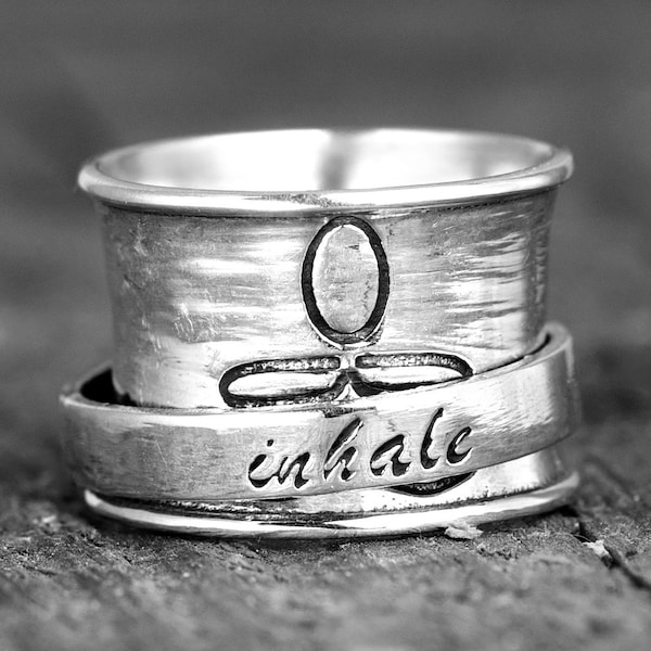 Inhale Exhale Yoga Ring, Spinner Fidget Ring, Sterling Silver Ring for Women, Meditation Spinning Wide Band, Engraved Letters Infinity Ring