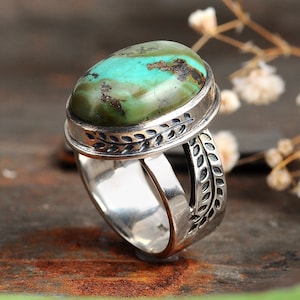 Turquoise Ring, Nature Leaf Ring, 925 Sterling Silver Ring, Boho Ring for Women, Etched Leaves Ring, Big Stone, Bohemian Turquoise Jewelry