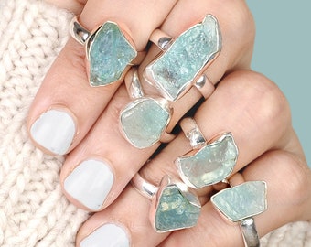 Raw Aquamarine Ring, Sterling Silver Rings for women, Natural Uncut Gemstone Crystal Raw Stone Ring,