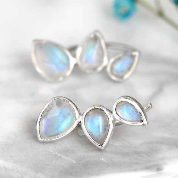 Regenboog maansteenoorbellen, oorklimmer crawler cuff, sterlingzilveren oorbellen, edelsteen, druppeloorbellen