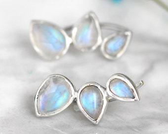 Rainbow Moonstone Earrings, Ear Climber Crawler Cuff, Sterling Silver Earrings, Gemstone Stone, Teardrop Earrings