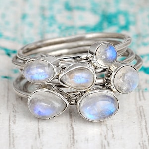 6 Moonstone Rings Stacked, Stacking Ring, Sterling Silver Ring for Women, Boho Ring, Wide Rings Set, Bohemian Jewelry