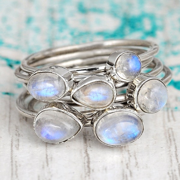 6 Mondstein Ringe gestapelt, Stapelring, Sterling Silber Ring für Frauen, Boho Ring, breite Ringe Set, Boho Schmuck