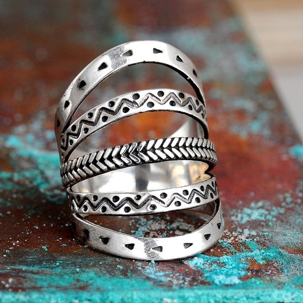 Boho Statement Ring, Sterling Silver Ring for Women, Western Bohemian Jewelry, Long Big Large Full Finger Ring