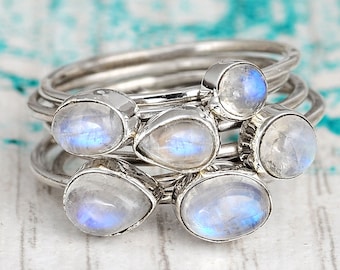 6 Moonstone Rings Stacked, Stacking Ring, Sterling Silver Ring for Women, Boho Ring, Wide Rings Set, Bohemian Jewelry