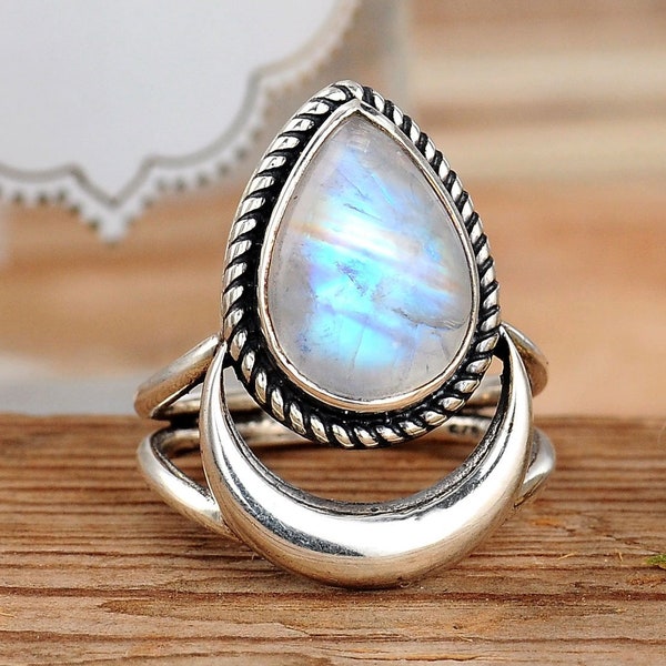 Halbmond Ring, Regenbogen Mondstein Ring, Boho Sterling Silber Ring für Frauen, himmlischen Schmuck, Teardrop Ring, Statement Stein Edelstein