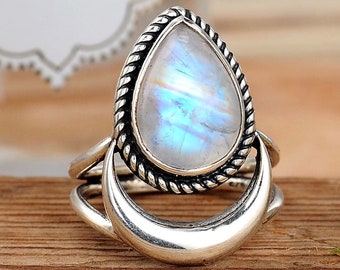 Crescent Moon Ring, Rainbow Moonstone Ring, Boho Sterling Silver Ring for Women, Celestial Jewelry, Teardrop Ring, Statement Stone Gemstone