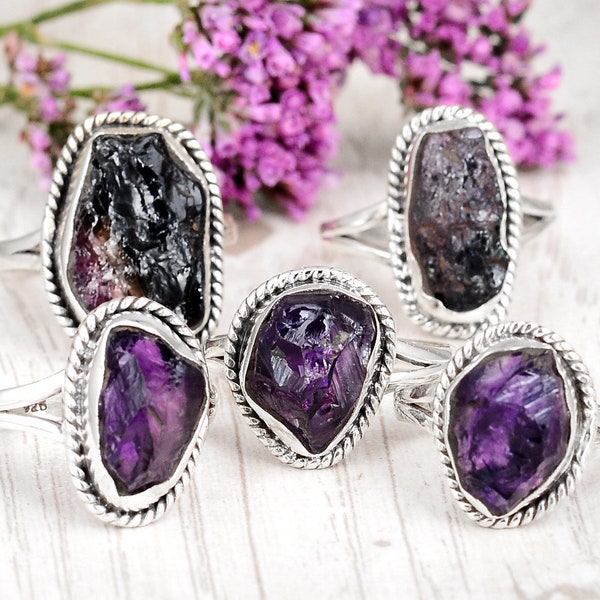 Raw Amethyst Ring, Sterling Silver Rings for women, Natural Uncut Gemstone Crystal Raw Stone Ring