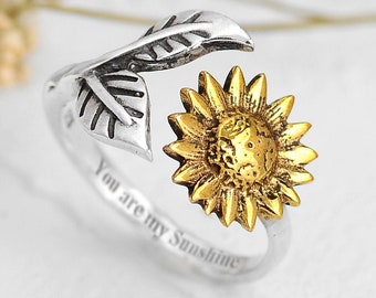 You Are My Sunshine Sunflower Ring, Adjustable Sterling Silver