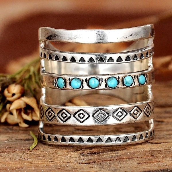 Boho Engraved Ring, Sterling Silver Ring for Women, Gemstone Statement Stone Ring with, Turquoise Ring, Bohemian Jewelry