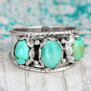 Three Stone Turquoise Ring, Sterling Silver Ring for Women, Thumb Statement Boho Ring with Stone, Gemstone Ring, Bohemian Jewelry