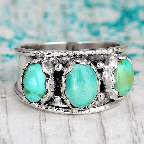 Three Stone Turquoise Ring, Sterling Silver Ring for Women, Thumb Statement Boho Ring with Stone, Gemstone Ring, Bohemian Jewelry