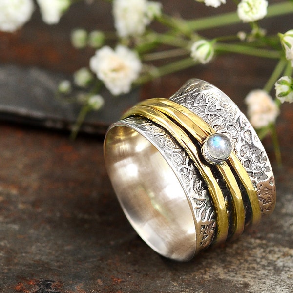 Moonstone Spinner Ring, 925 Sterling Silver Ring for Women, Meditation Fidget Ring, Wide Band Two Tone Ring, Spinning Stone Ring