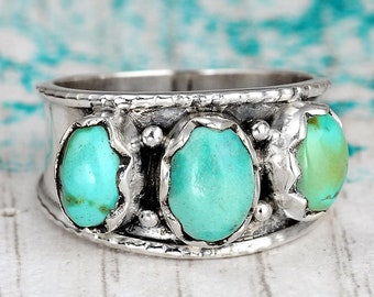 Three Stone Turquoise Ring, Sterling Silver Ring for Women, Thumb Statement Boho Ring with Stone, Gemstone Ring, Bohemian Jewelry