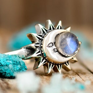 Anillo de piedra lunar, sol y luna, anillos de plata de ley para mujer, anillo de piedra, anillo de piedras preciosas, anillo bohemio, joyería celestial