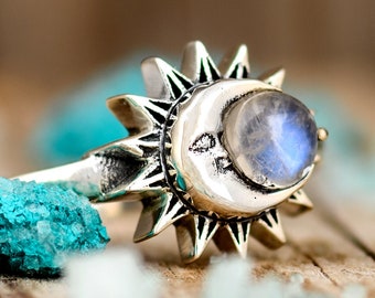 Moonstone Sun and Moon Ring, Sterling Silver Rings for Women, Stone Ring, Gemstone Ring, Boho Ring, Celestial Jewelry