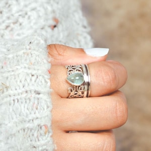 Teardrop Aquamarine Ring, Fidget Anxiety Ring, Sterling Silver Ring for Women, Worry Spinner Ring, Filigree Ring, Blue Stone