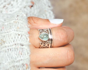 Teardrop Aquamarine Ring, Fidget Anxiety Ring, Sterling Silver Ring for Women, Worry Spinner Ring, Filigree Ring, Blue Stone