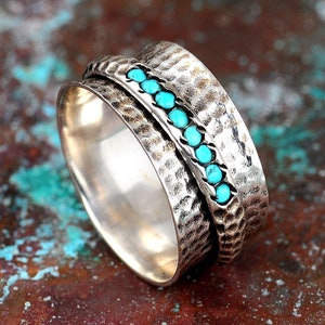 Turquoise Spinner Ring, Sterling Silver Ring for Women, Meditation Ring with Stone, Worry Fidget Ring Band, Oxidized Silver Hammered Ring image 1