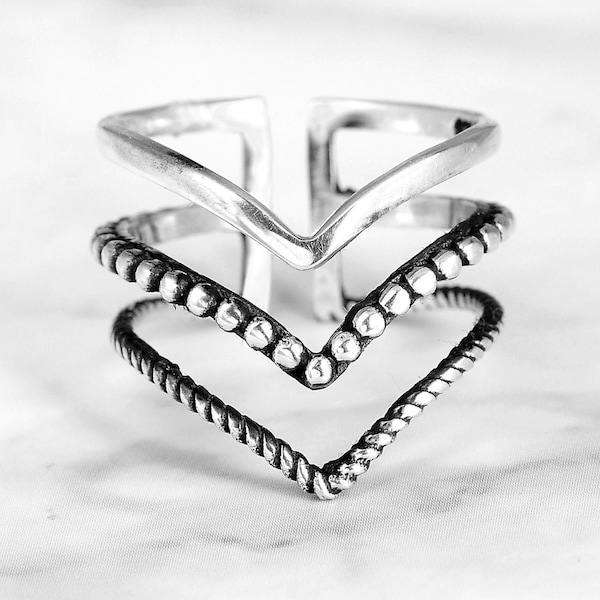 Dreifacher Chevron Ring, Boho Ring, Sterling Silber Ring für Frauen, Statement Ring, Boho Schmuck